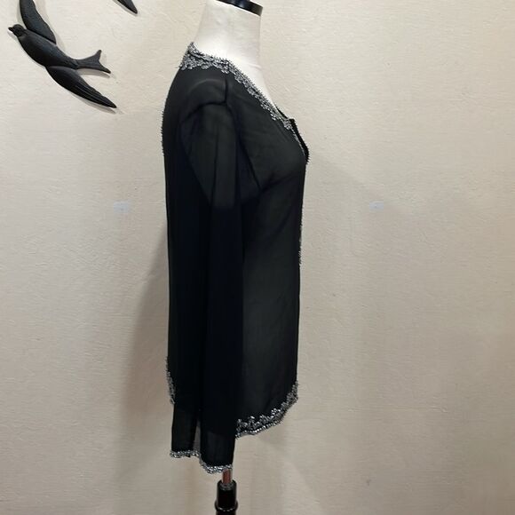 Saks Fifth Avenue 100% Silk Sheer Black Tunic Blouse With Beaded Trim - M - Picture 2 of 10